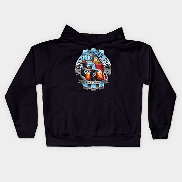 Custom Speed Shop Hot Rods and Muscle Cars Illustration Kids Hoodie by hobrath